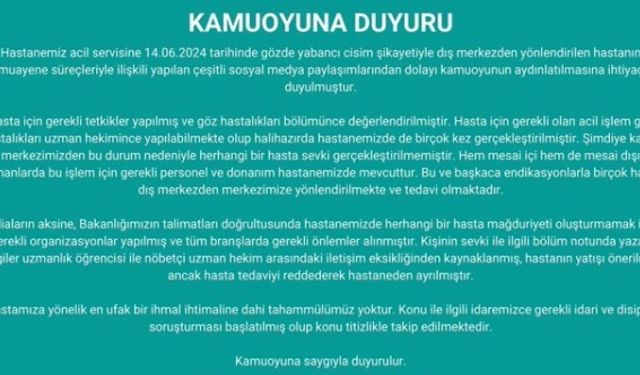 Ankara Etlik Şehir Hastanesi'nden 'Bayramda Acil Göz Ameliyatları Yapılmıyor' İddialarına Yalanlama