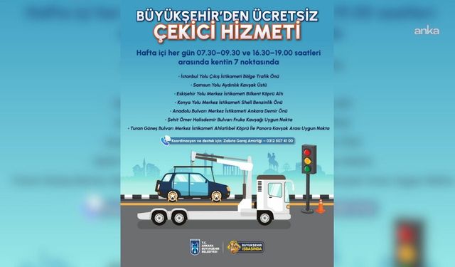 Ankara Büyükşehir Belediyesi, Bugün İtibarıyla Ücretsiz 'Nöbetçi' Çekici Hizmetine Başladı