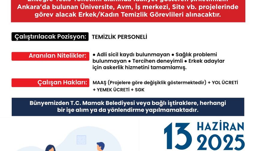 Mamak Belediyesi'nden Temizlik Personeli Alımı Duyurusu